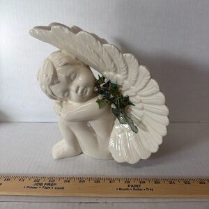 White Angel Figurine with Wing and Green Accents music box